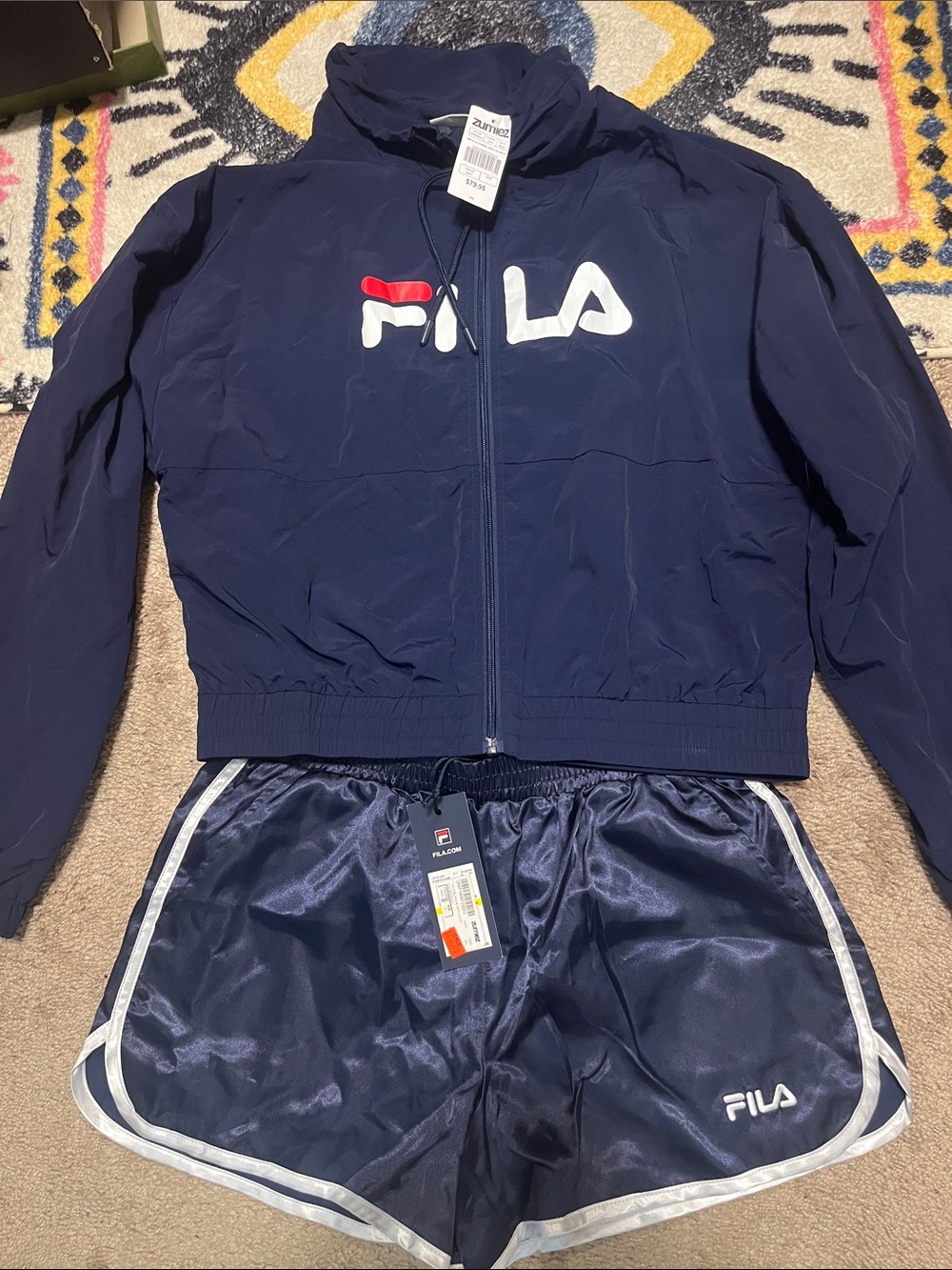 Vintage FILA Navy Hooded Windbreaker Jacket with Navy Athletic Shorts